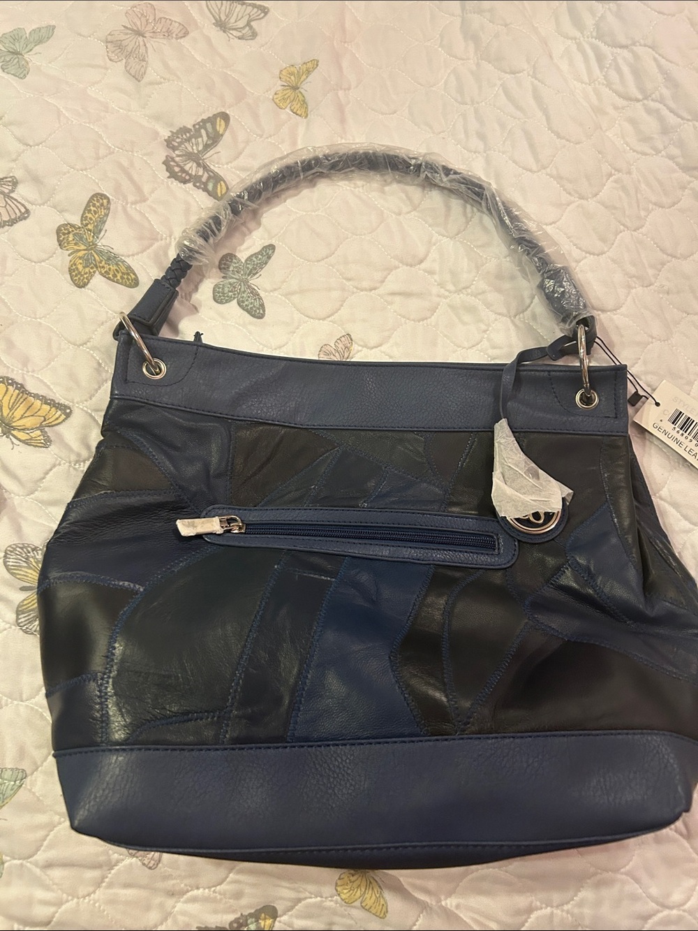 Leather Patchwork Tote Bag in Navy Blue